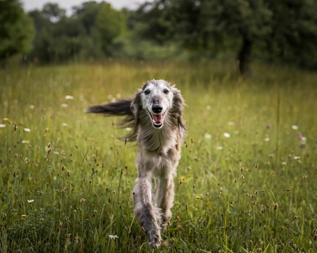Silken Windhound running across a grassy field with trees in the background
