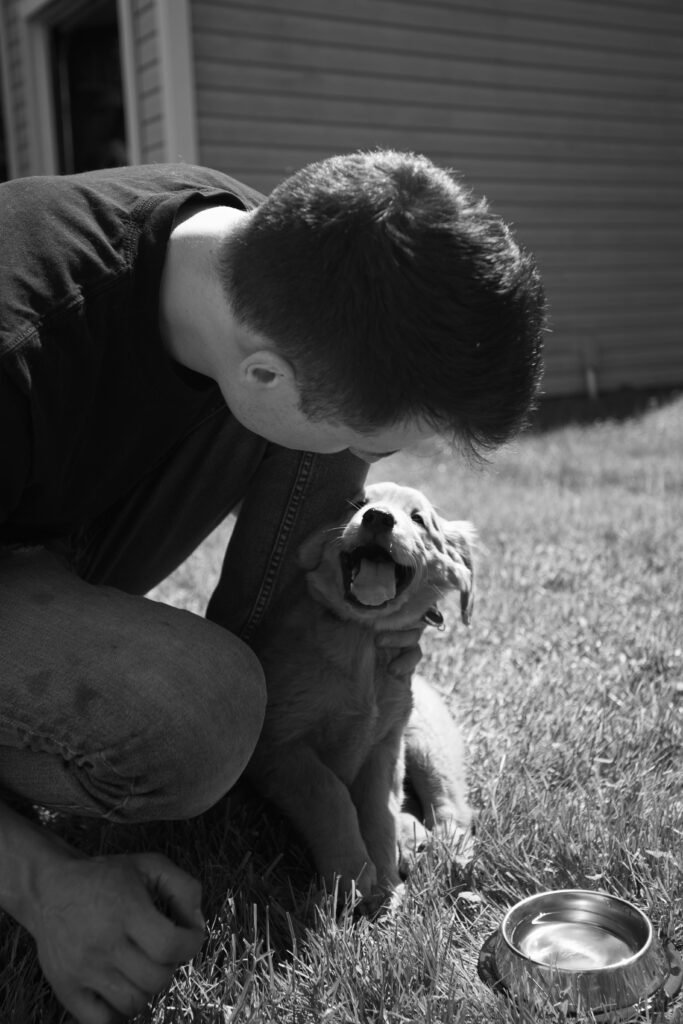Person cuddling a black dog on the grass